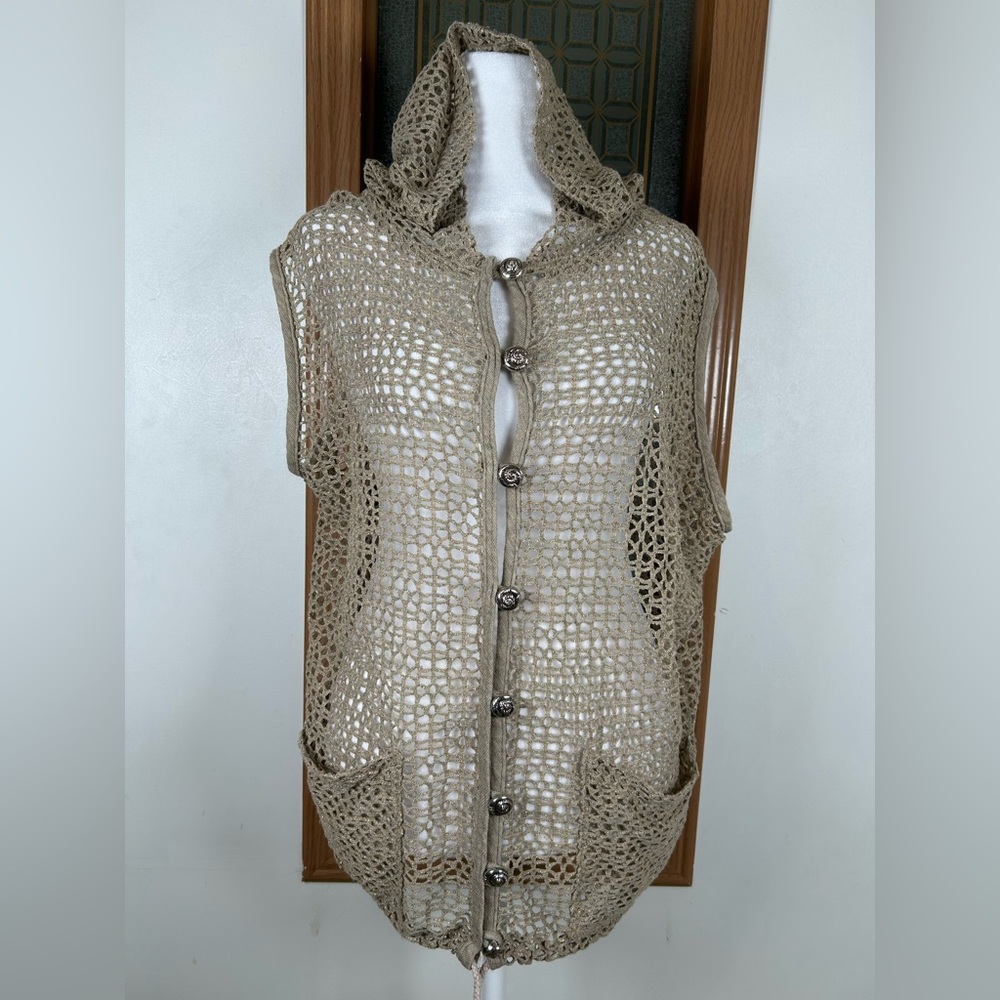 Vintage Gantos Crochet Hooded Vest | Beige Gold Sparkle Boho One Size